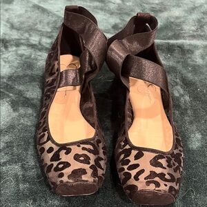 Jessica Simpson Brown and Black Leopard Ballet Flats with Ankle Wrap